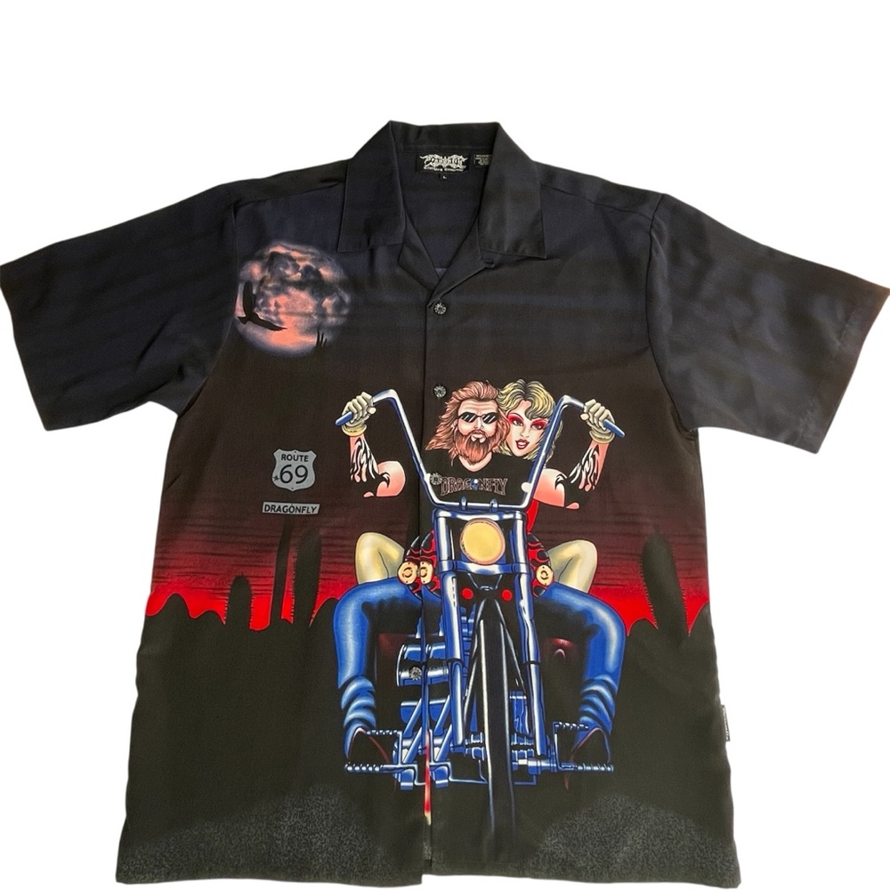 Dragonfly Biker Chopper Graphic Button Shirt Route 69 Rockabilly Tattoo Large